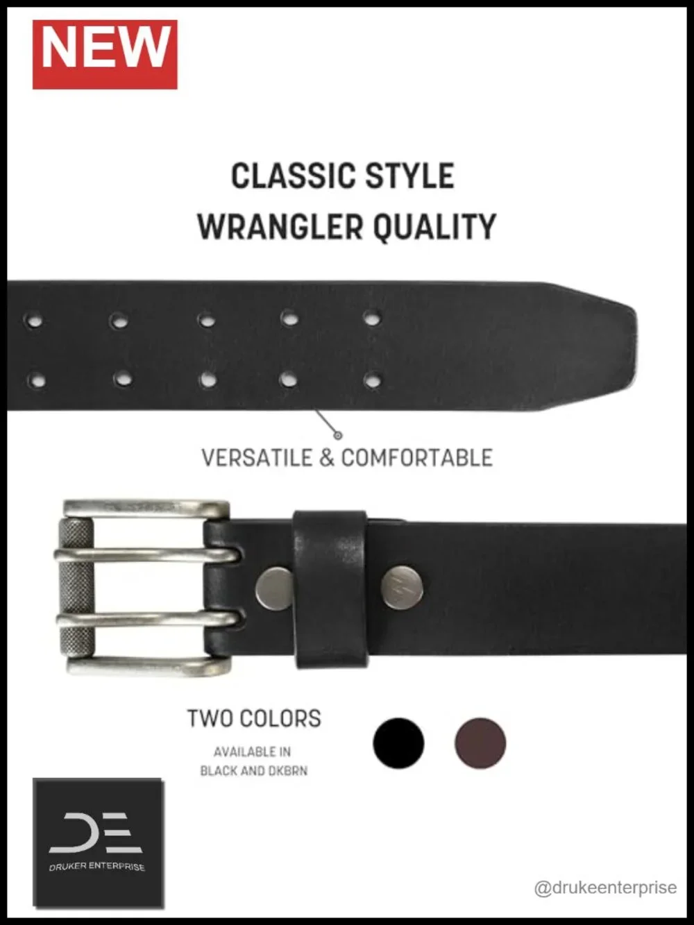 Genuine Leather Men's Belt with Removable Double-Prong Roller Buckle, 38mm